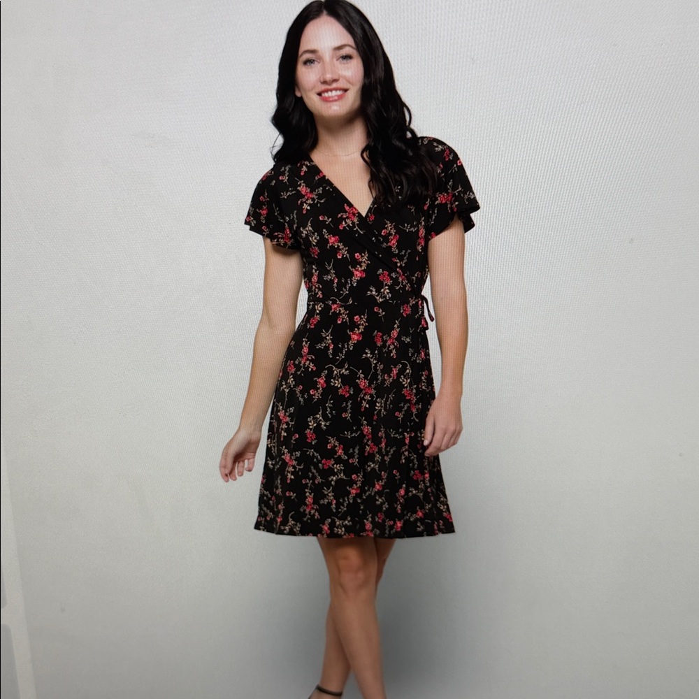 Kaileigh Black Dress with Red and Tan Floral Accents